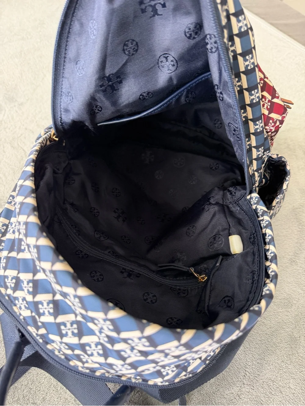 Tory Burch Navy and Burgundy Geometric Logo Backpack